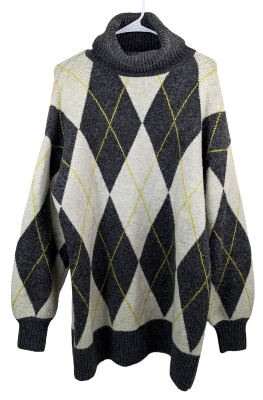 Pringle of Scotland x H&M Womens Argyle Turtleneck Sweater Oversized Gray Size S